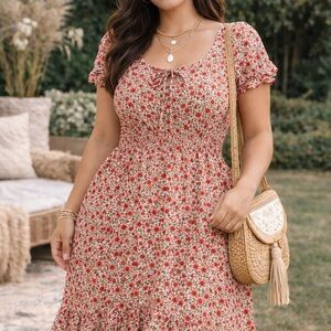 Monteau Floral Smocked Dress Cottagecore Puff Sleeve Boho Ruffle Hem Medium